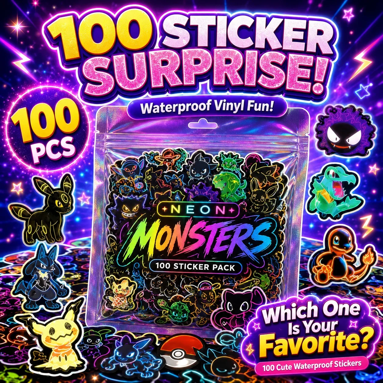 100pcs Neon  Pokémon  Stickers - Scrapbooking ulasan dan harga